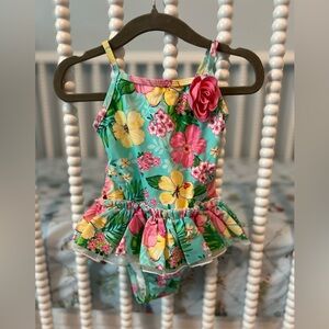 Little Me Aqua Floral Ruffle One-Piece Swimsuit with Pink Flower